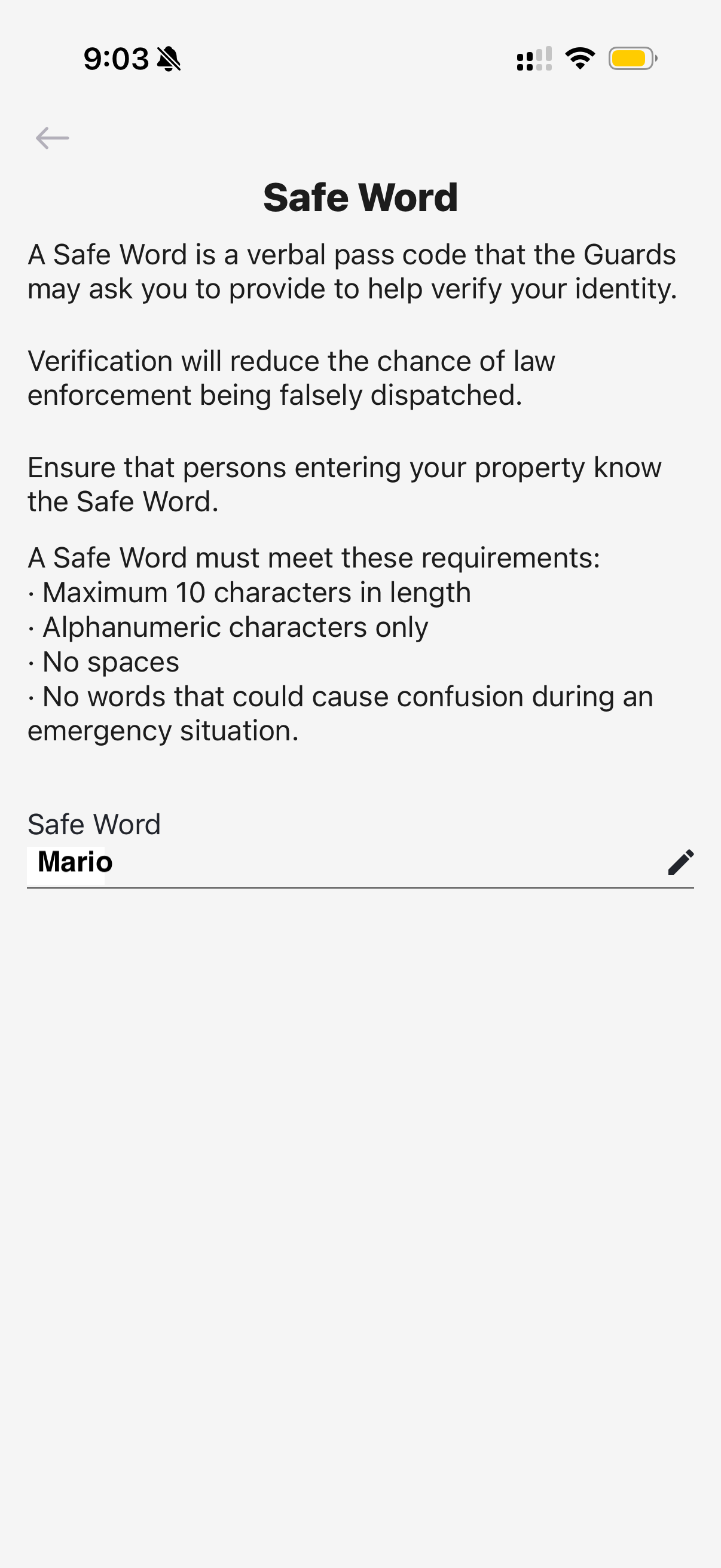 Safe Word settings screen