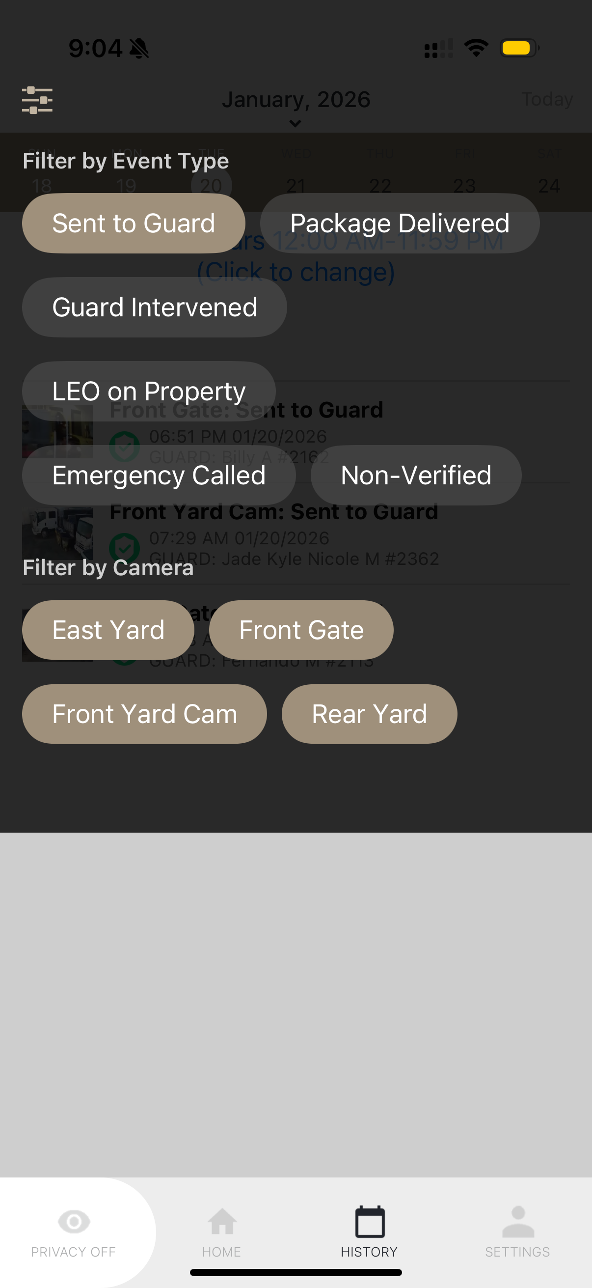 Event filter options