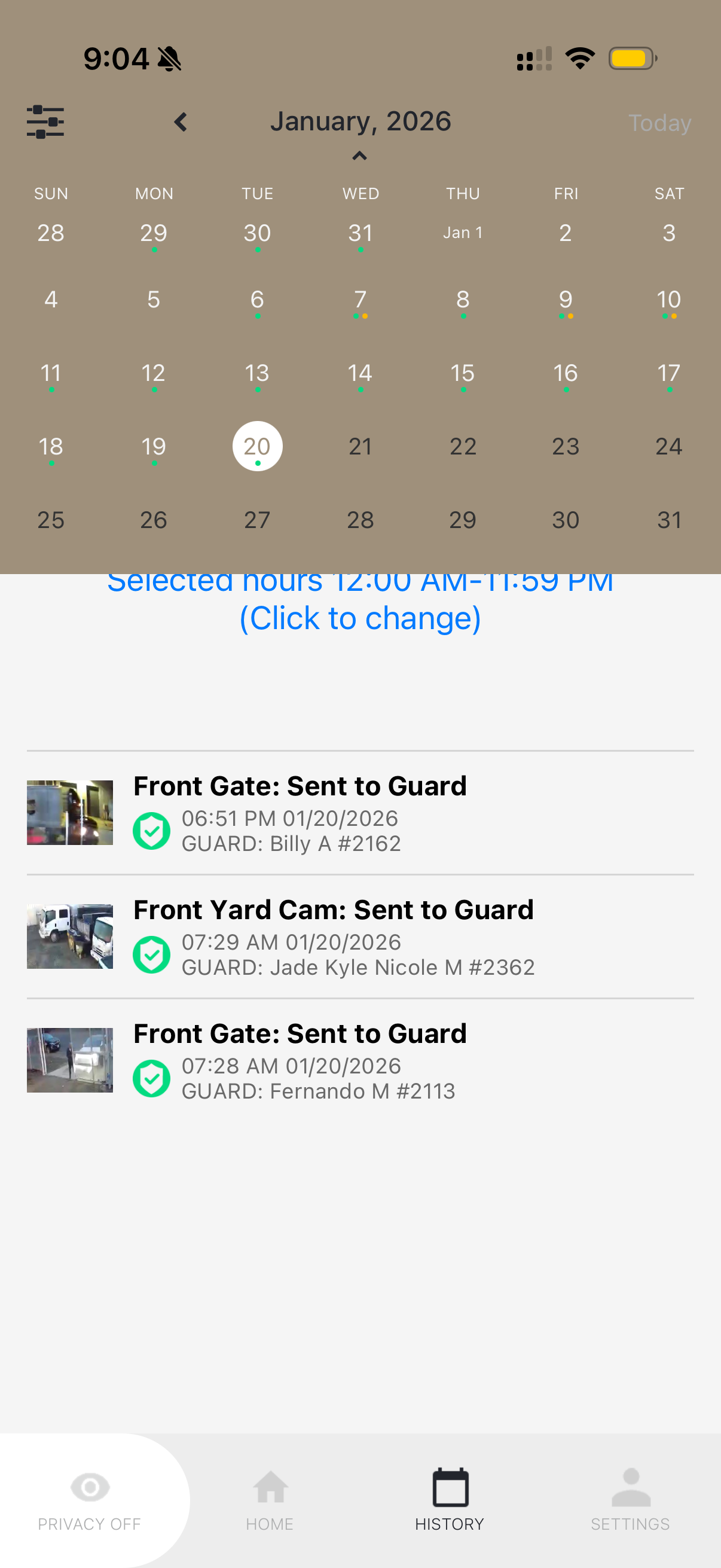 Event History calendar view
